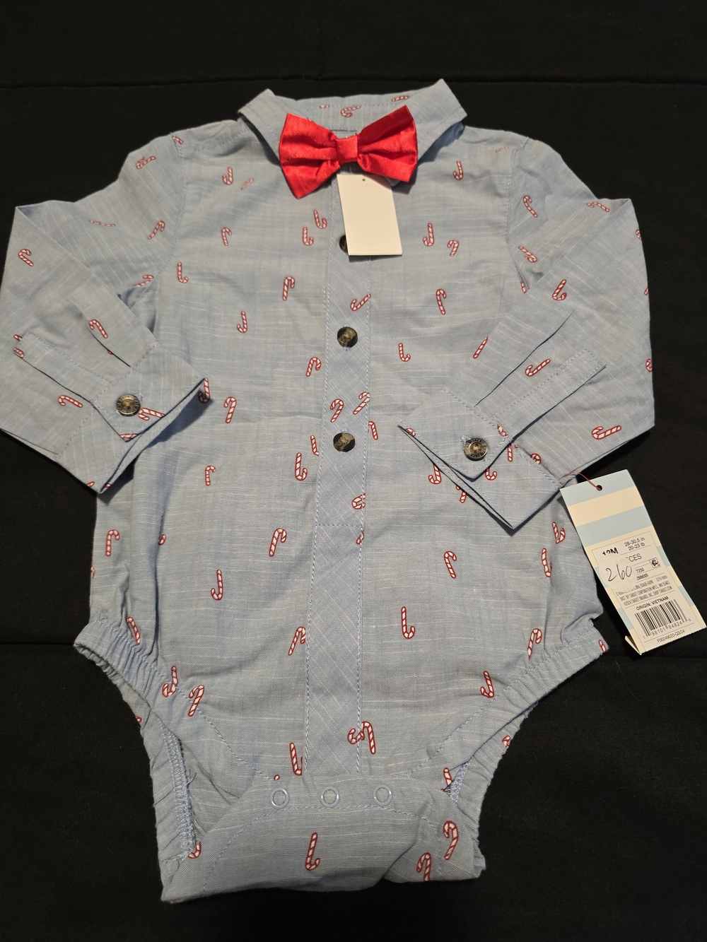 Cat & Jack Baby Candy Cane Bodysuit‎ Blue Red Christmas Bow Tie Size 12M